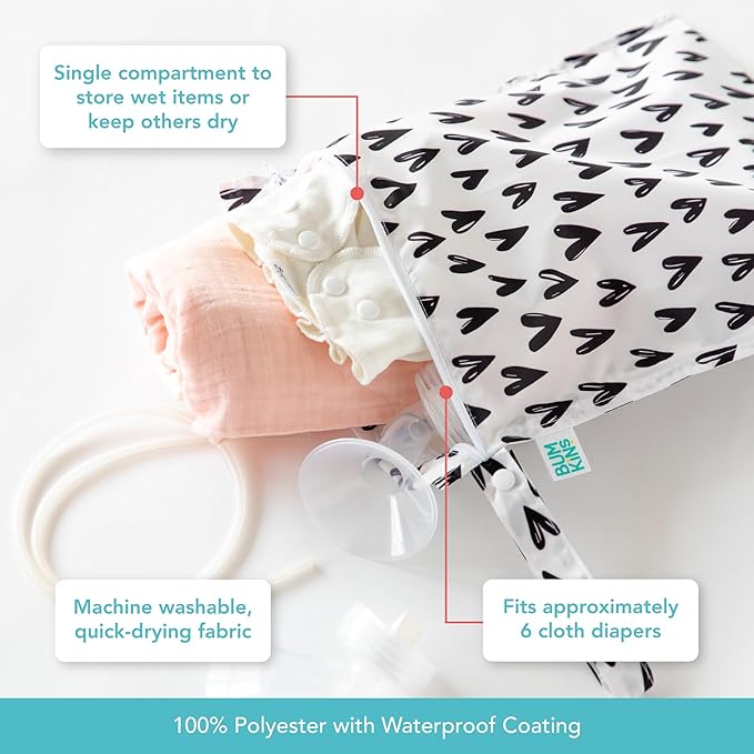 Bumkins Waterproof Wet Bag for Baby, Travel, Swim Suit, Cloth Diapers, Pump Parts, Pool, Beach, Gym Clothes, Toiletry, Hook to Stroller, Daycare, Zipper Reusable Wetdry Packing Pouch, Black Hearts