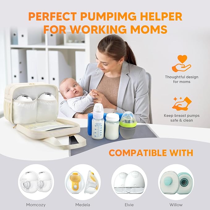 PIIOSER Breastmilk Cooler Bag with Ice Pack, Compatible with Wearable Breast Pumps & Accessories - Portable Pumps Carrying Case for Nursing & Working Moms, Cream