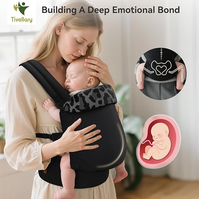 Reversible Baby Carrier – Black Solid & Leopard Print; Lightweight, Cooling & Breathable Lyocell Fabric; Ergonomic Lumbar Support and Quick Hands-Free Wear for Newborn to Toddler (7–44 lbs)