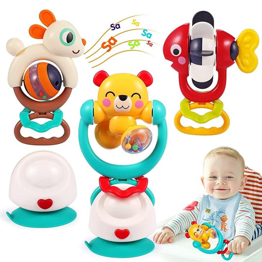 Baby Toys 6-12 Months Infant Toy Set of 3 High Chair Suction Cup Rattle Teething Toys for Babies 6 7 9 12-18 Months 2-in-1 Sensory Development Tray Toy Baby Gifts for Boys Girls