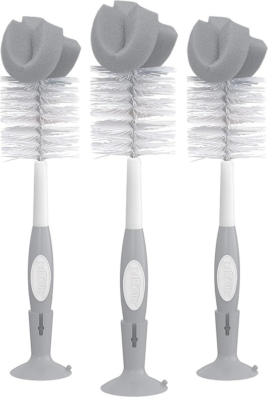 Dr. Brown's Reusable Sponge Baby Bottle Cleaning Brush Set with Suction Cup Stand, Scrubber and Nipple Cleaner, Gray, 3 Pack