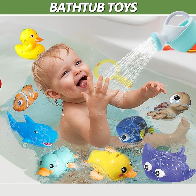 Bath Toys for Kids Ages 1-3, No Hole Bath Toys for Babies 6-12 Months, Wind-up Ducks Baby Pool Toys, Rubber Duck Watering Can Fishing Net Water Toys for Toddlers, Bath Toy Storage, Halloween Toy