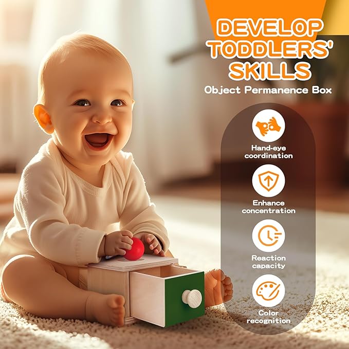 Montessori Educational Toys for Babies 7-12 Months, 7 in 1 Early Learning Educational Kit for Toddlers Gifts, Includes Spinning Drum, Permanent Box, Red Mirror Knob Puzzle, Hedgehog Rattle and More