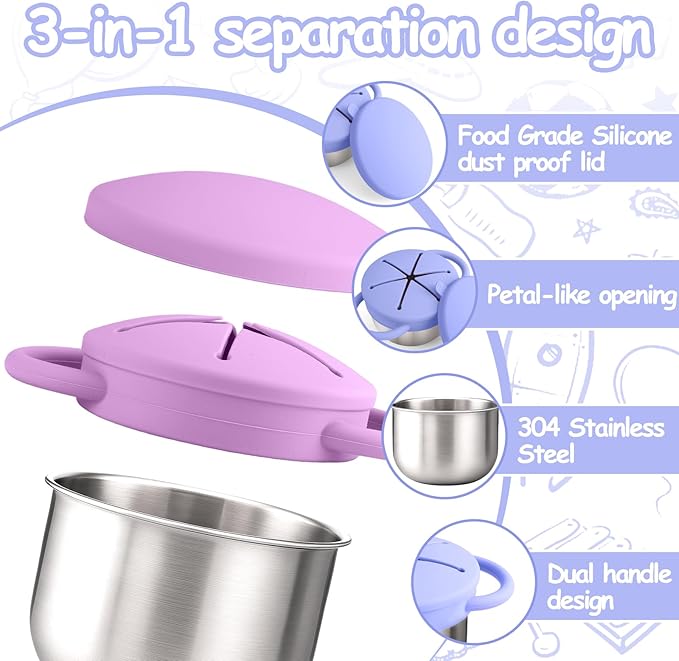 2-Pack Stainless Steel Snack Containers for Kids with Spill-Proof Silicone Lids & Handles - 3-in-1 Baby Snack Cups, No-Spill Toddler Snack Box, Perfect for On-the-Go Healthy Eating(Blue+Purple)