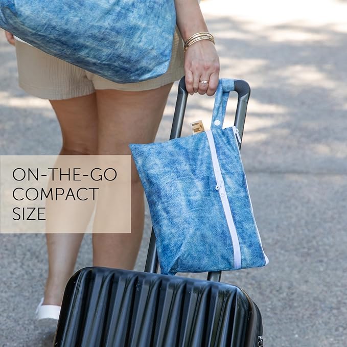 Roamio Waterproof Wet Dry Clutch Bag for Baby, Travel, Swim Suit, Cloth Diapers, Pump Parts, Pool, Gym Clothes, Beach, Toiletry, Hook to Stroller, Pack for Daycare, Zip Bag, Packing Pouch, Faux Denim