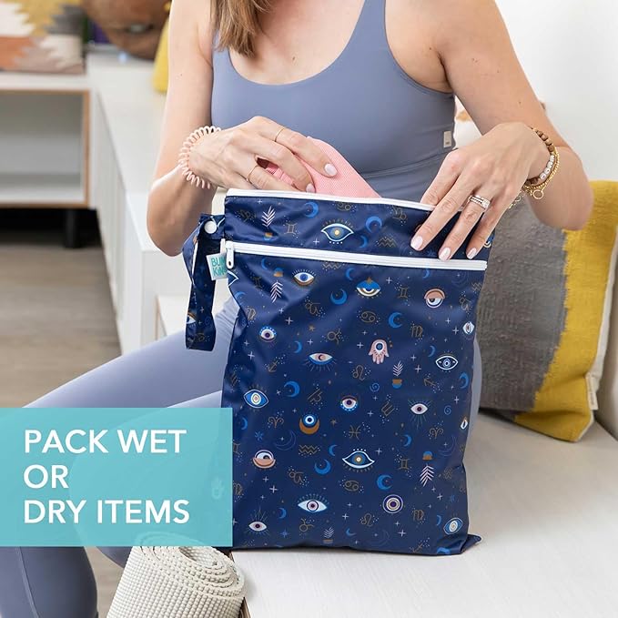 Bumkins Waterproof Wet Dry Bag for Baby, Travel, Swim Suit, Cloth Diapers, Pump Parts, Pool, Beach, Gym Clothes, Toiletry, Hook to Stroller, Daycare, Zipper Reusable Wetdry Packing Pouch, Evil Eye