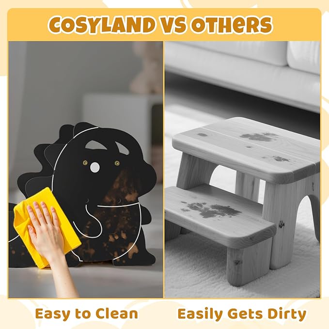 COSYLAND 2 Step Stool for Kids – Height Adjustable Non-Slip Toddler Stepping Stool for Bathroom Sink & Potty Training - Dinosaur Shaped Kids Stool for Kitchen, Bedroom & Home (Natural & Grey)