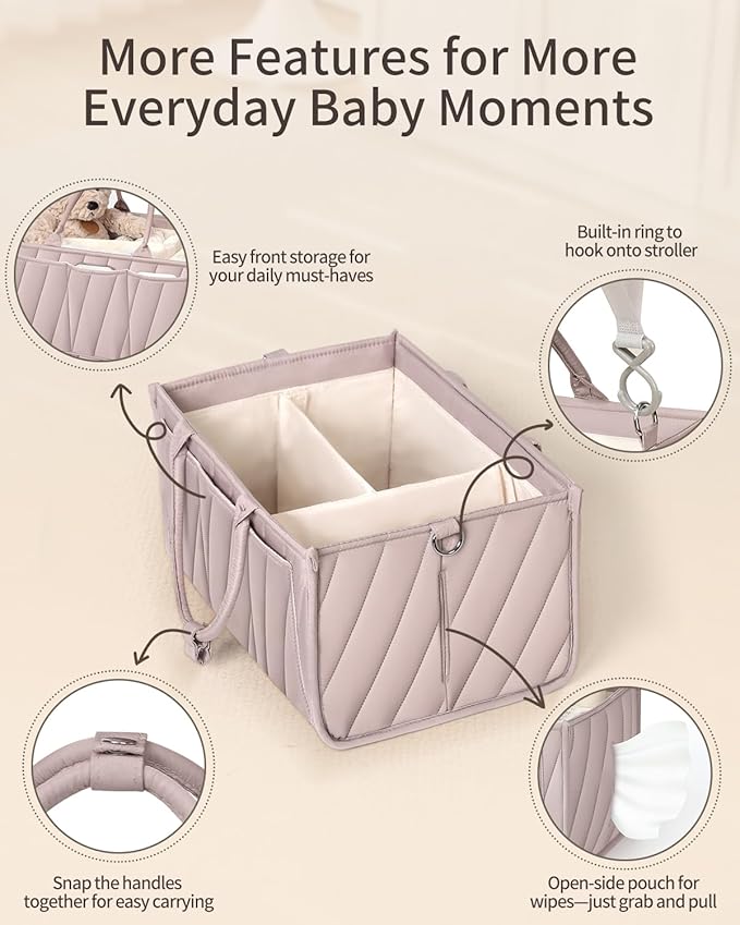 Diaper Caddy Organizer, baby organizer for essentials – All-in-One Storage Basket with Compartments, Wipe Pocket & Stroller Clips – Must-Have for Nursery, Changing Table, Registry or Gift