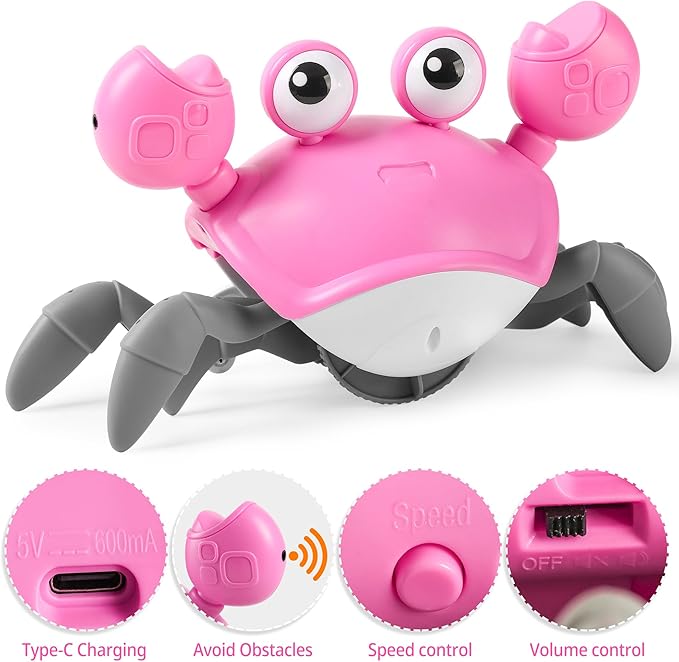 Crawling Crab Baby Girl Toy: Tummy Time Toys for Infant 3 6 9 12 18 24 36 Months, Pink Walking Dancing Sensing Crab for Toddler Age 1 2 3 4, 1st Music Birthday Gifts for Girls