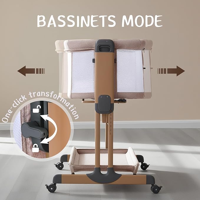 3 in 1 Baby Bassinet, Rocking Bassinets with Comfy Mattress and Wheels, Adjustable Height Bassinet Bedside Sleeper, Easy Folding Portable Crib for Newborn (Khaki)