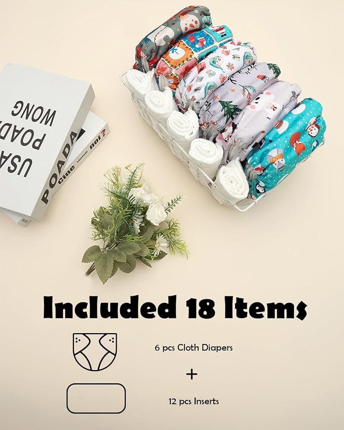 ALVABABY Baby Cloth Diaper 6 Pack with 12 Inserts One Size Cloth Diaper Covers Adjustable Washable Reusable for Baby Girls and Boys 6DM127