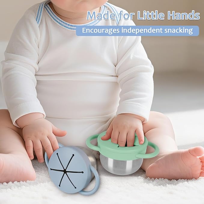 2 Pack 304 Stainless Steel Snack Cups for Toddlers, Toddler Snack Containers with Spill-Proof Silicone Travel Lid & Handle, Dishwasher Safe, Removable Snack Cup for Baby, Toddler, Kids