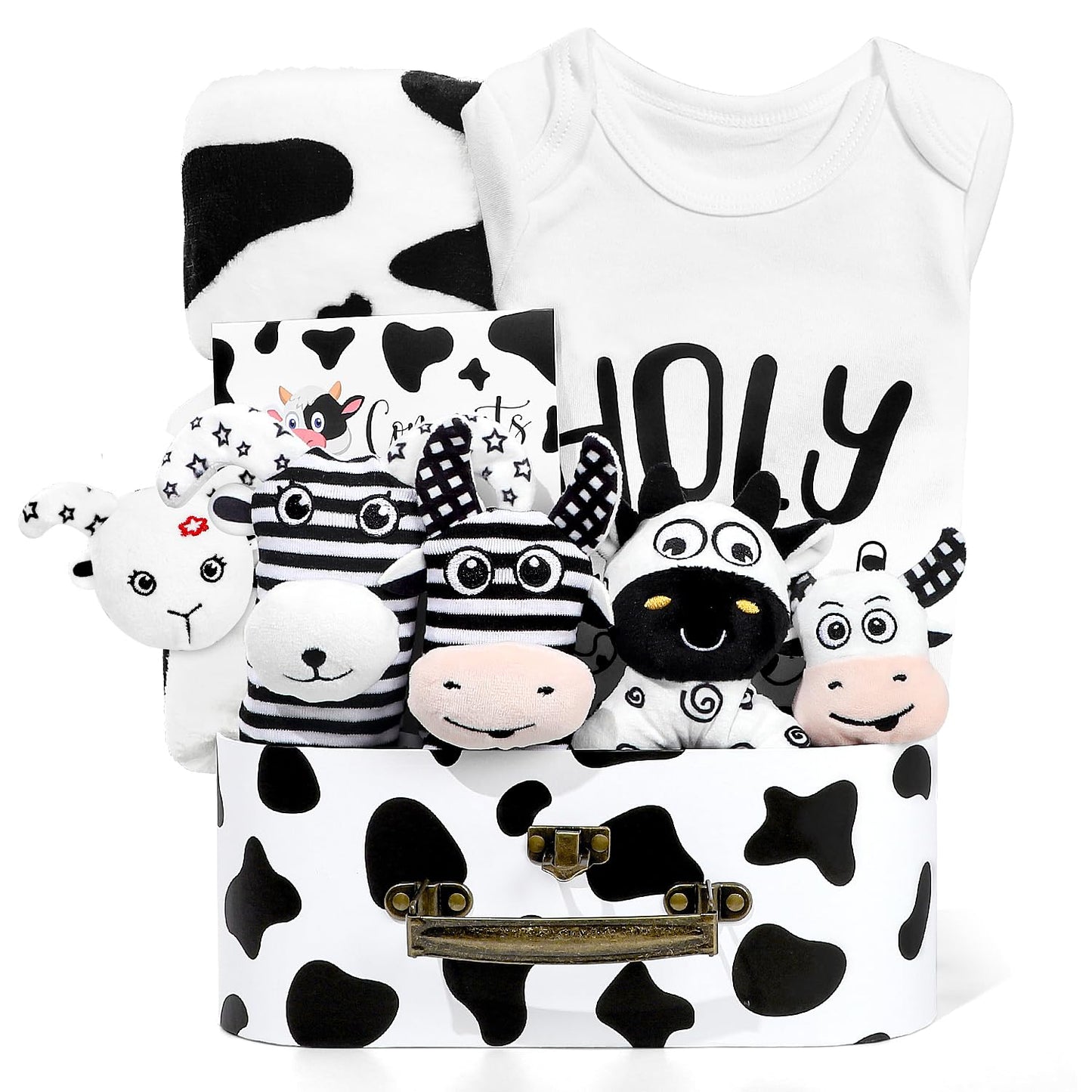 iAOVUEBY Baby Gift Set, Baby Shower Gifts, Black and White High Contrast Baby Toys 0-6 Months for Newborn Essentials Infant Rattle Socks Elephant Toys Blanket Onesies Baby Gift Basket for Girls Boys