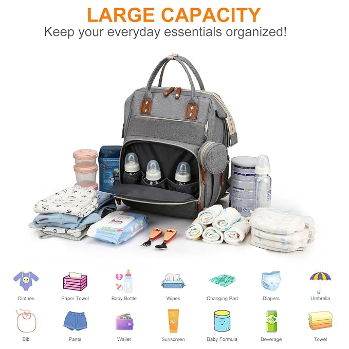Baby Diaper Bag Backpack, Waterproof Baby Bags for Boys Girls, USB Charging Port, Baby Shower Gifts, Grey