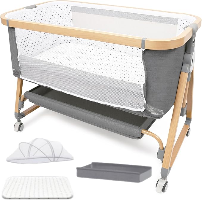 Baby Bassinet Bedside Sleeper CPSC Certified 3-in-1 Portable Crib with 4in Large Wheels 6 Height Adjustable Includes Mosquito Net Mattress Storage Basket Aluminum Alloy Woodgrain Gray