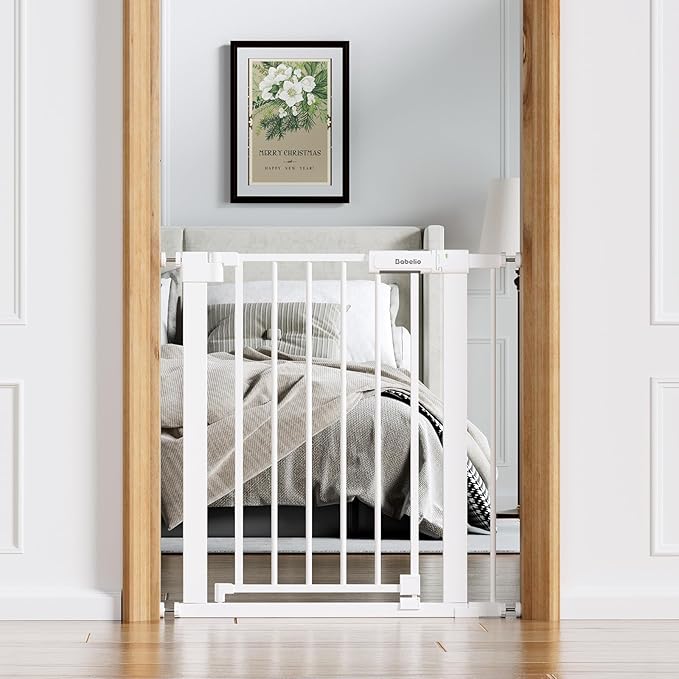BABELIO Baby Gate for Doorways and Stairs, 31-36" Pet Gate with Wide Walk Thru Door and Lock Indicator, No Drill Pressure Mounted Safety Gate with Double Lock and Self-Closing, White