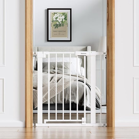 BABELIO Baby Gate for Doorways and Stairs, 31-36" Pet Gate with Wide Walk Thru Door and Lock Indicator, No Drill Pressure Mounted Safety Gate with Double Lock and Self-Closing, White