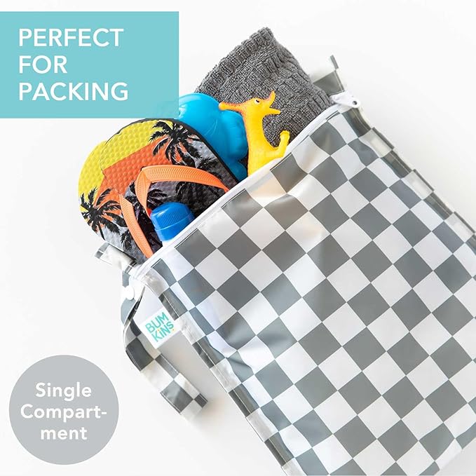 Bumkins Waterproof Wet Bag for Baby, Travel, Swim Suit, Cloth Diapers, Pump Parts, Pool, Beach, Gym Clothes, Toiletry, Hook to Stroller, Daycare, Zipper Reusable Wetdry Packing Pouch, Gray Check