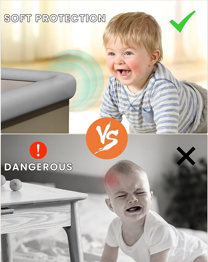 Baby Proof Edge Corner Protector, 6.56FT 0.47''Th L-Shape Furniture Corner & Edge Safety Bumpers with 6 Corners, Pre-Taped, Soft NBR Rubber Foam Desk Edge Cushion Wall Corner Protector(Grey)