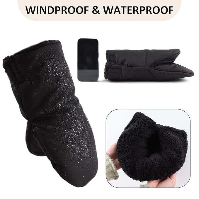Zsedrut Stroller Gloves Universal Winter Anti-Freeze Stroller Mittens Water Repellent Hand Warmer Muff Fleece Lined,Winter Stroller Accessories (Black-2)