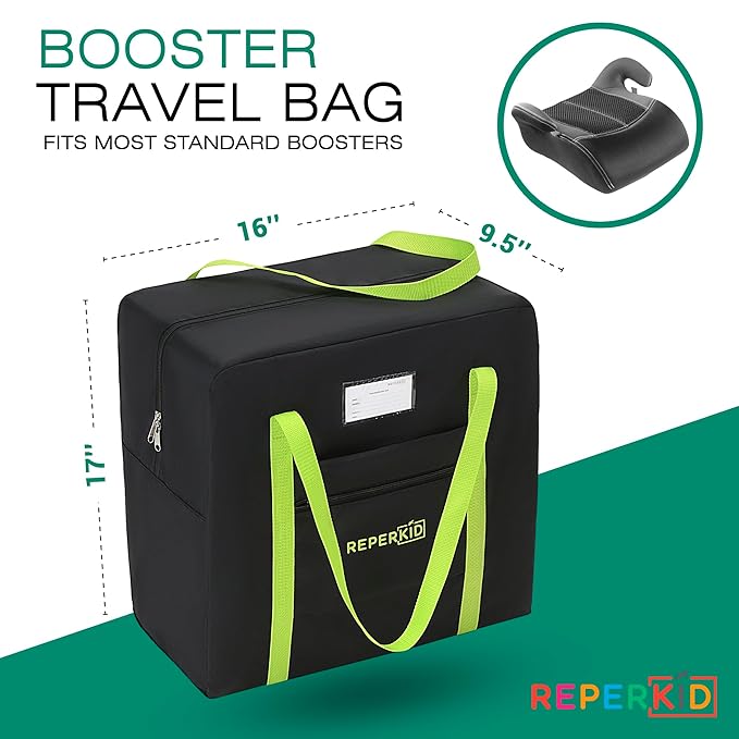 Reperkid Booster Seat Travel Bag for Airplane, Black and Green, 17" H x 16.5" W x 9.5" D, Compatible with Gb Pockit Stroller & Most Boosters– Premium Waterproof Cover, Hand Bag Design, Durable Zipper