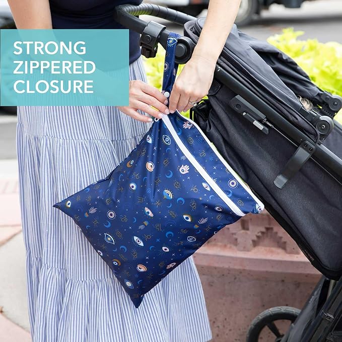 Bumkins Waterproof Wet Dry Bag for Baby, Travel, Swim Suit, Cloth Diapers, Pump Parts, Pool, Beach, Gym Clothes, Toiletry, Hook to Stroller, Daycare, Zipper Reusable Wetdry Packing Pouch, Evil Eye