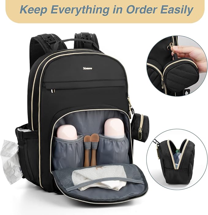 MOMUVO Diaper Bag Backpack, Quilted Baby Bag with Changing Pad & Stroller Straps & Pacifier Case, Large Travel Diaper Bags for Mom Dad, Black