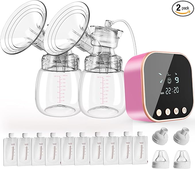 Double Electric Breast Pump Strong Suction, Portable Breast Pump Electric Breastfeeding Pump, Rechargeable Milk Pump with 4 Modes & 9 Levels, Low Noise, Anti-Backflow & LED Display, 24mm Flange, Pink