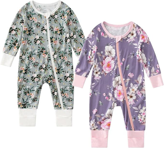OPAWO Viscose from Bamboo Baby Pajamas Girl 2pack Mittens Cuff 2 Way Zipper Soft Footless Sleeper Baby Boy One-Piece Romper