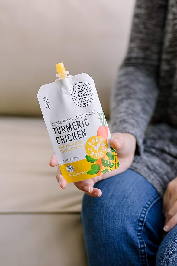 Serenity Kids Organic Turmeric Chicken Bone Broth Made with Organic Veggies - BPA-Free Puree Baby Food Pouches with Pasture-Raised Chicken & Veggies - Savory Flavor - 3.5 Oz, 6 Pack