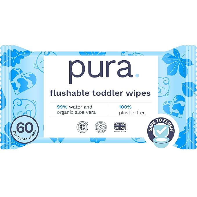 Pura Flushable Toddler Wipes 1 x 60 Wipes, 100% Plastic Free, 99% Water, Hypoallergenic & Fragrance Free, Totally Chlorine Free, Kids Toilet Wipes, Sensitive Skin