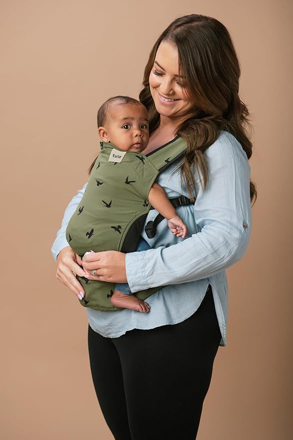 Baby Tula Lite Ripstop Nylon Compact Baby Carrier, Lightweight & Ergonomic Carrier for Travel w/Convenient Storage Hip Pouch, Multiple Carrying Positions for 12lbs to 30lbs - Soar (Olive Green/Birds)