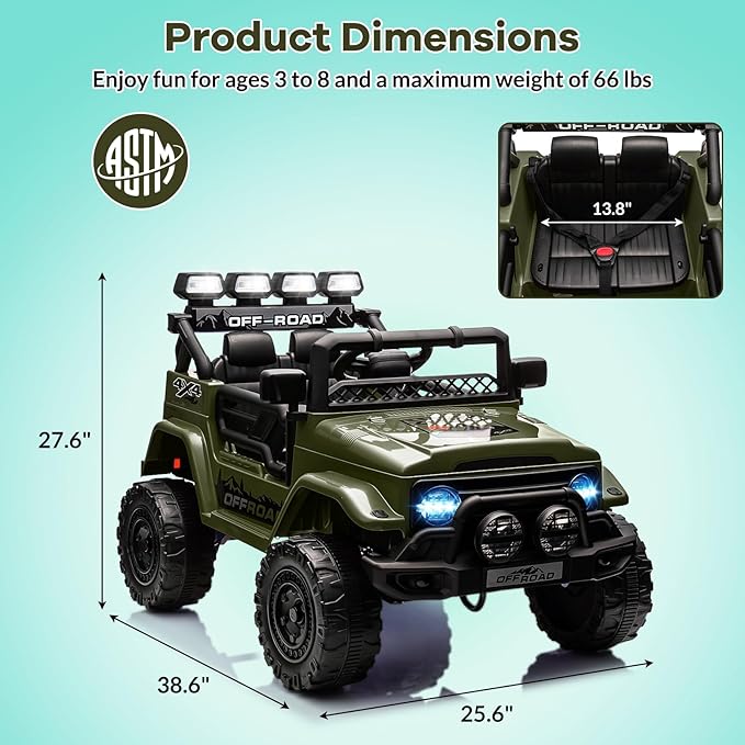 GarveeLife 12V Kids Ride On Car, Ride On Toy for Kids Ages 37-96 Months, Electric Truck with 5MPH Max Speed, Remote Control, Steering Wheel, Accelerator Pedal, Treaded Tires, Music and Story, Green