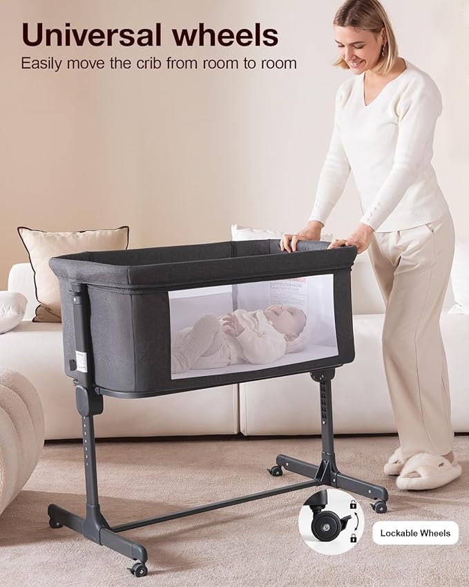 Larex Baby Bassinet, 3 in 1 Bassinets Bedside Sleeper for Newborn, Portable Crib Adjustable 7 Height Bedside Bassinet with Mattress and Wheels Dark Grey