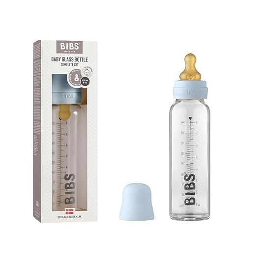 BIBS Baby Glass Bottle. Anti-Colic. Round Natural Rubber Latex Nipple. Supports Natural Breastfeeding, Complete Set - 225 ml, Baby Blue