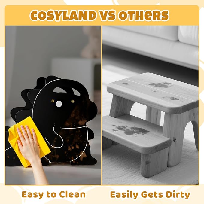 COSYLAND Wooden Toddler Step Stool for Kids with Non-Slip Surface and Handle - Supports Up to 220 Lbs Stool for Toddlers - Lovely Dinosaur Shaped Toddler Stepping Stool for Bathroom (Natural & Black)