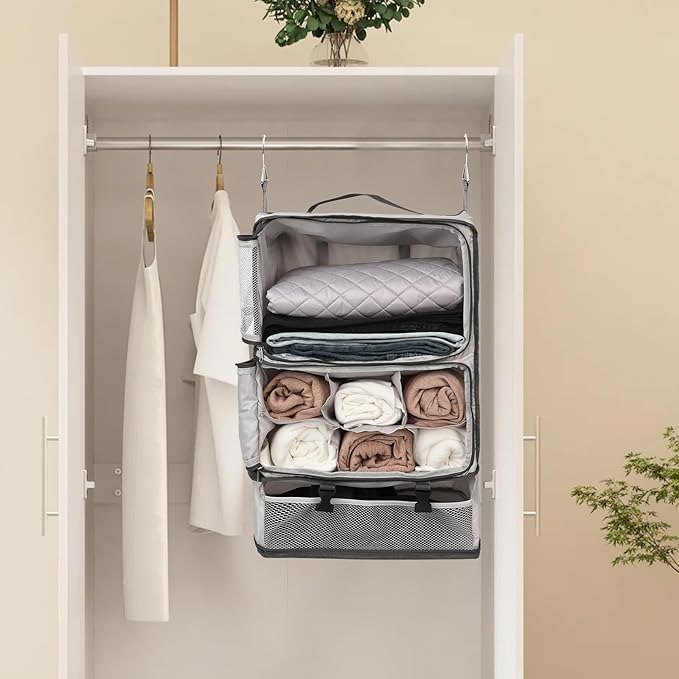 TABITORA Travel Portable Hanging Shelves Closet Organizer Packing Luggage Storage with Multifunctional and Foldable Invisible Compartment,Lightweight, for Suitcase, RV,Closet…lightgrey,XXL
