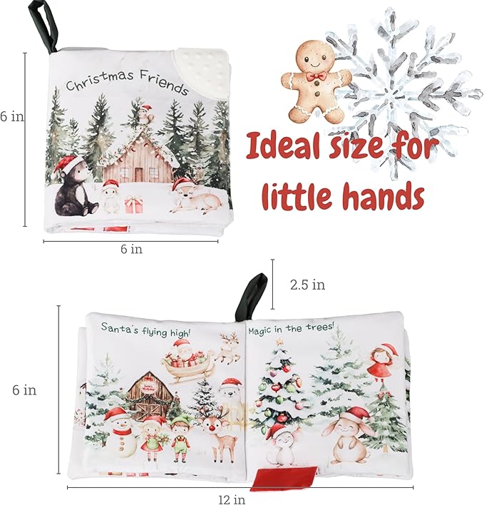 Ali+Oli Baby Cloth Book – Soft Sensory Crinkle Book with Teether for Infants 0-12 Months – Early Learning Touch & Feel Tummy Time Toy – Newborn Shower Gift for Boys & Girls - Christmas Friends