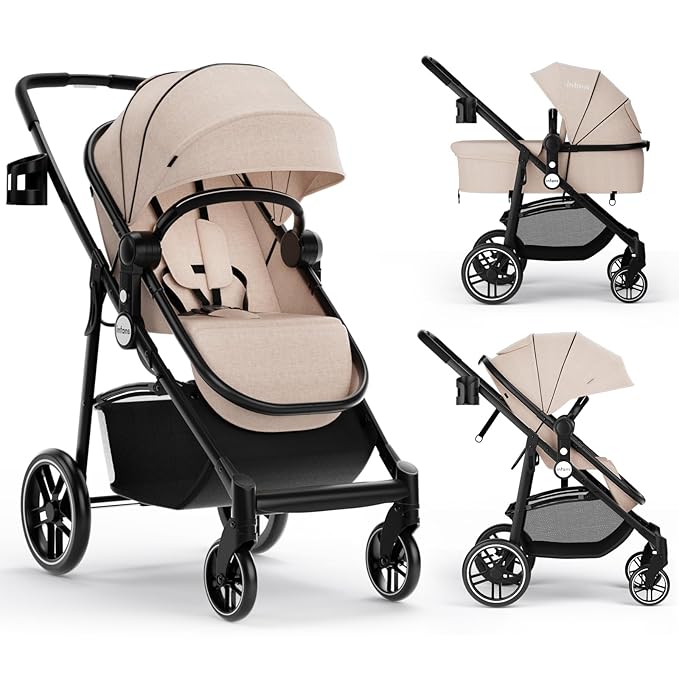 INFANS 2 in 1 Baby Stroller, High Landscape Infant Stroller & Reversible Bassinet Pram, Foldable Pushchair with Adjustable Canopy, Cup Holder, Storage Basket, Suspension Wheels (Khaki)