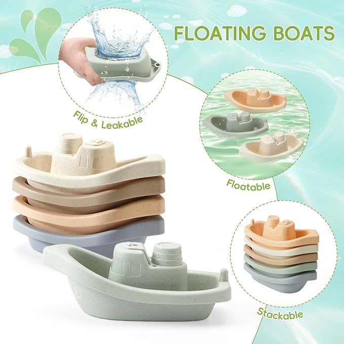 Baby Bath Toys 9PCS Mold Free Bath Toys for Kids Ages 1-3 Bathtub Water Toys with Easy Clean Silicone Bath Toy for Babies 6-12 Months and Safe Bath Boats, Baby and Toddler Christmas Stocking Stuffers