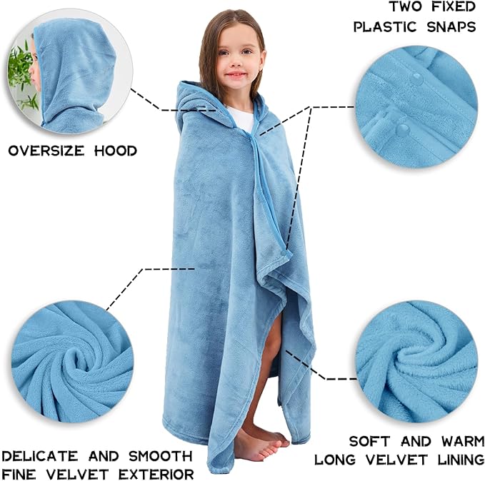 Hiturbo Kids Fleece Hooded Bath Towel: Soft Plush Pool Beach Towel Blanket - 50"x30" Toddler Towels Wrap for Boys Girls 3-12 Years (Blue)