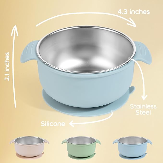 Bella's Friends Stainless Steel and Silicone Baby Bowls with Suction 3 Pack, 4.3” for Toddlers Kids Feeding, Non-Slip, Non-Toxic, Mess-Free, Dishwasher Safe, Fit High Chair Size, beige green blue