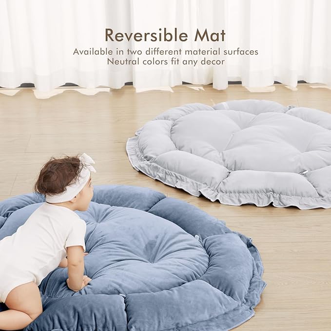 ANGELBLISS 5 in 1 Baby Play Gym Mat, Reversible Tummy Time Mat with 5 Sensory Toys for Stage-Based Developmental, Thick & Large Baby Activity Center from Newborn to Toddler (Dark Blue)