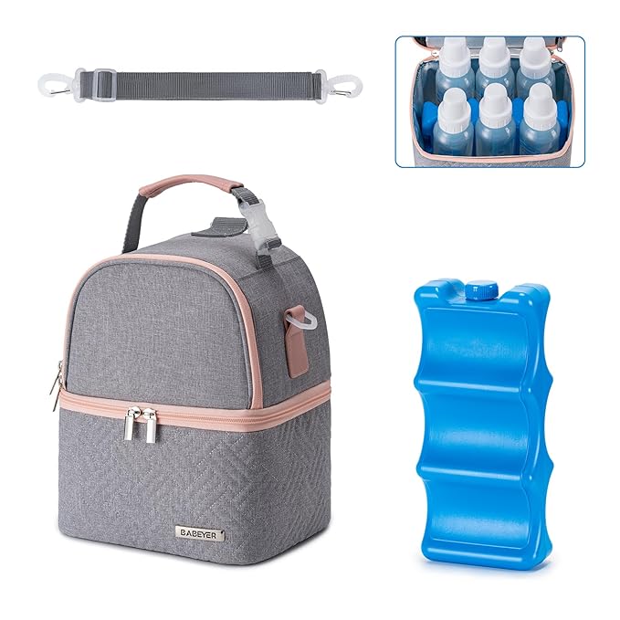 Breastmilk Cooler Bag with Ice Pack Fits 6 Baby Bottles up to 9 Ounce, Breast Milk Pump Cooler Bag with Shoulder Strap for Nursing Mom Daycare, Work, Travel- Grey