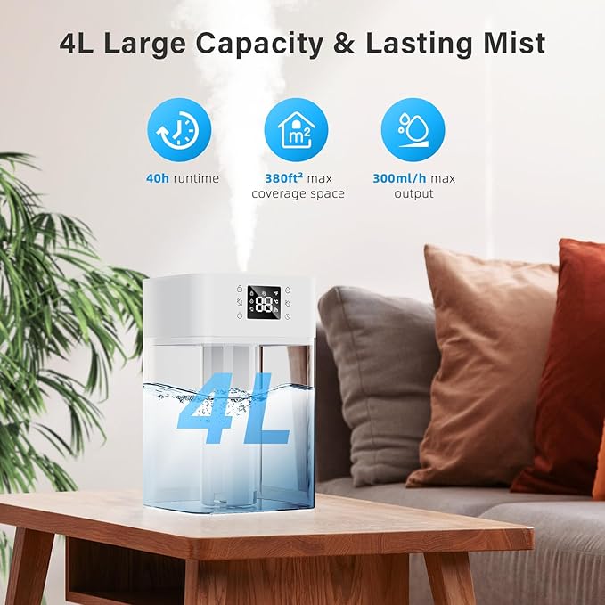 JRD 4L Humidifiers for Bedroom, Cool Mist Humidifier for Large Room, 40H Runtime, 24H Timer, 10 Mist Levels, 360° Nozzle, Night Light for Home, Office, Baby Nursery, Plants(White)