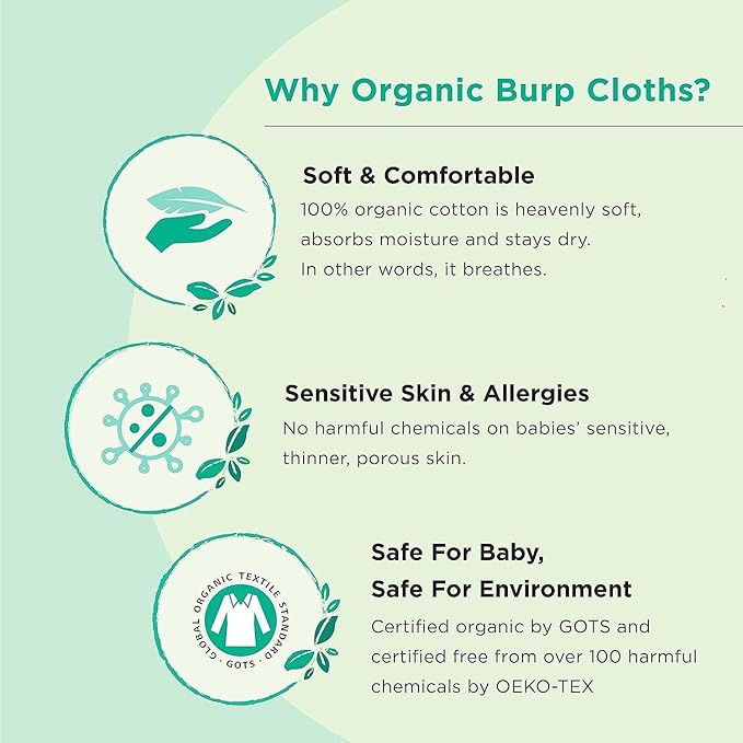Premium 5-Pack Large Organic Cotton Burp Cloths โ 3 Layers, Ultra Soft & Absorbent Burping Towel, Shoulder Towel & Hand Towel