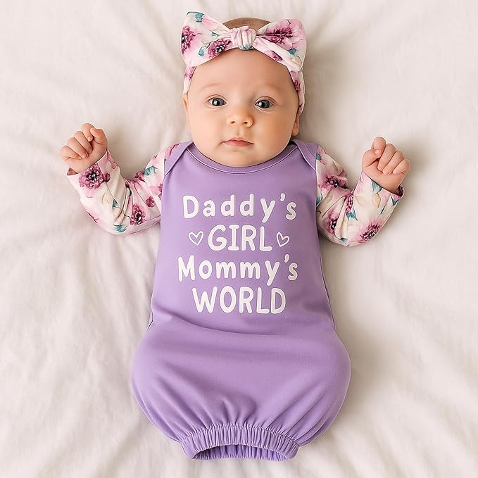 Newborn Baby Girl Gown 0-6 Months, Super Soft Newborn Sleepers Gown, Long Sleeve Infant Nightgown for Girls Boys, Baby Girl Outfit Essential with Headband Set Purple