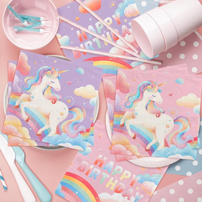 birthday Party Supplies Kit for 24 Guests - for Unicorn Birthday Decorations, Includes Dinner & Dessert Plates, Napkins, Cups, Banner and Tablecloth for Unicorn 1st Birthday Party Decorations