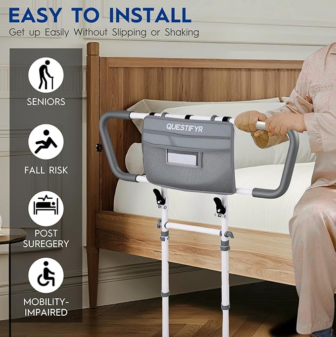 Bed Rails for Elderly Adults Safety – Foldable & Adjustable Bed Assist Rail with Motion Sensor Light & Storage Pouch, Non-Slip Handle, Tool-Free Assembly, Fits King, Queen, Full, Twin Beds