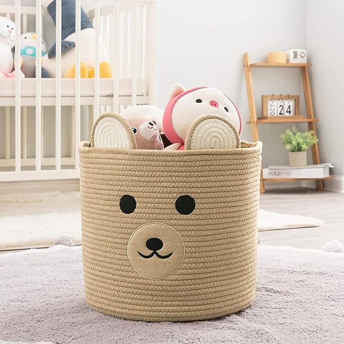 Bear Laundry Baskets Laundry Hamper Storage Baskets with Handles,Decorative Basket for Living room,Woven Storage Basket for Toys Bin Pillows Blankets Clothes (Khaki)